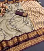Beige blended cotton embroidered zari work saree with blouse