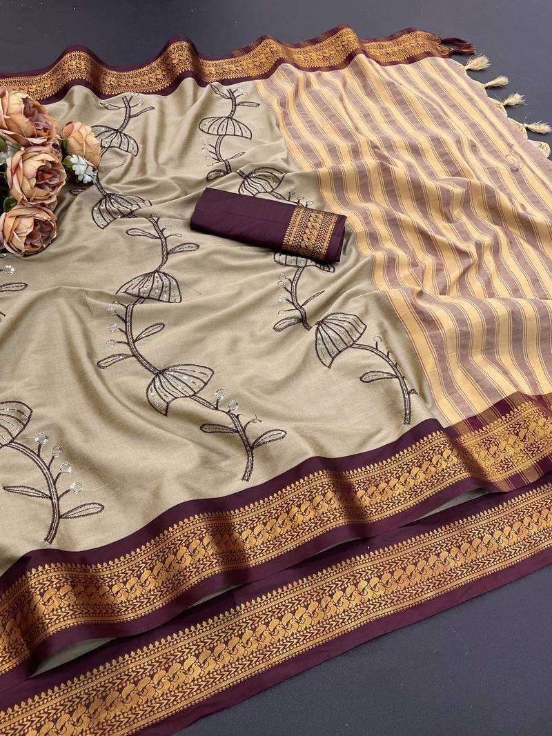 Beige blended cotton embroidered zari work saree with blouse