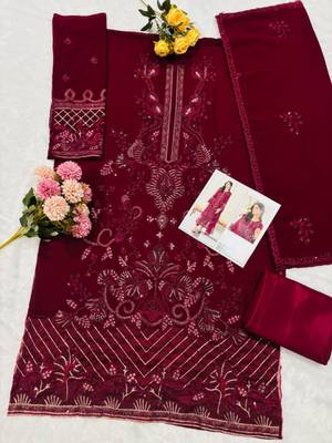 Maroon fox georgette suit with embroidered khatli  2