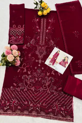 Maroon fox georgette suit with embroidered khatli 