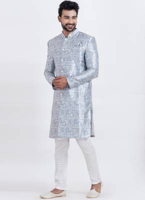 blue jacquard silk premium designer festive wear indo western set 3
