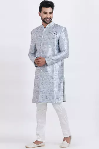 blue jacquard silk premium designer festive wear indo western set