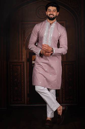 Pink color stylish cotton fabric ethnic traditional rich kurta payjama for men
