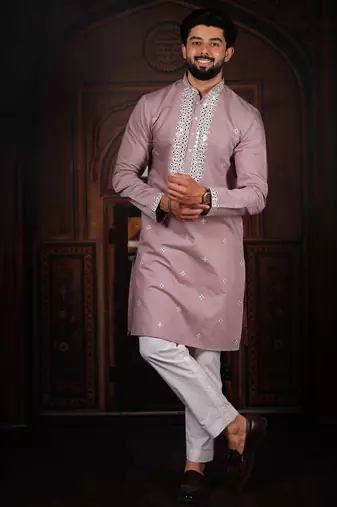 Pink color stylish cotton fabric ethnic traditional rich kurta payjama for men