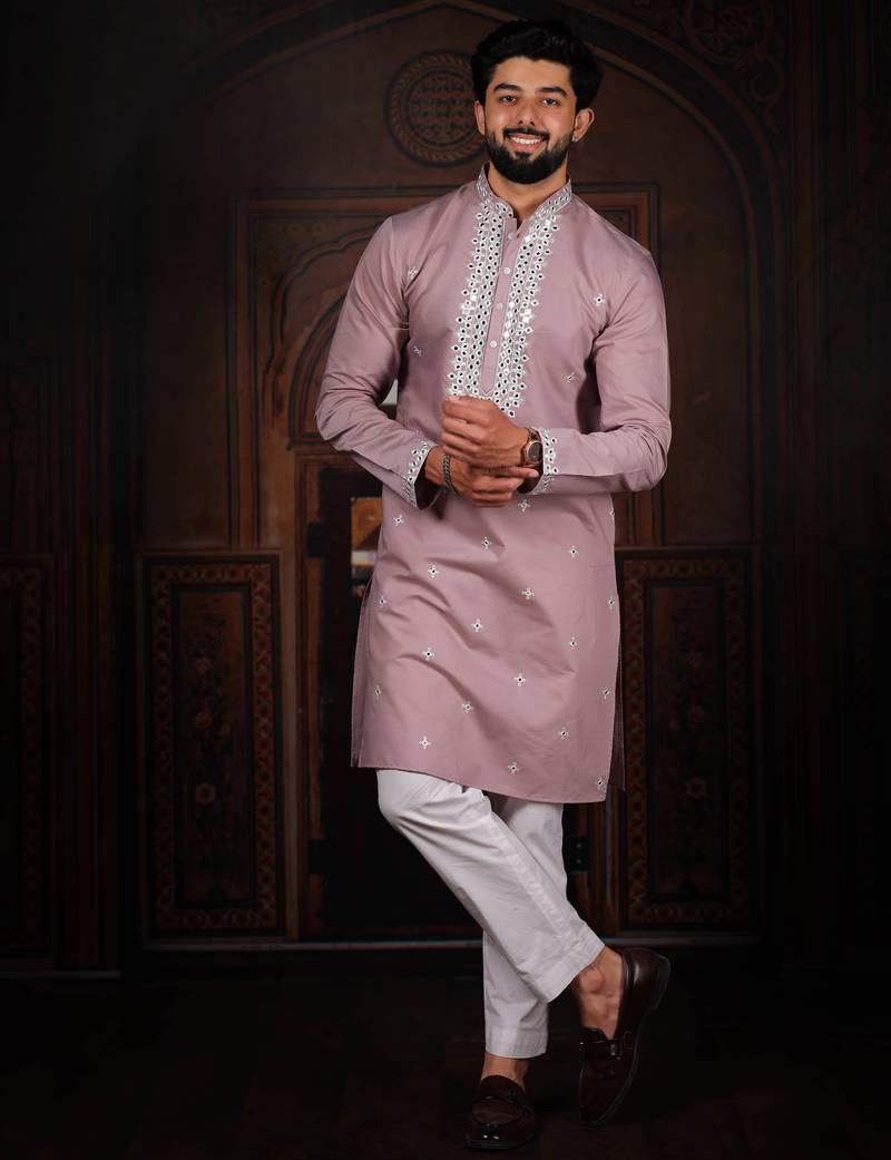 Pink color stylish cotton fabric ethnic traditional rich kurta payjama for men