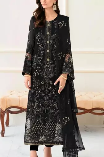 Black fox georgette semi stitched suit with embroidery & khatli work