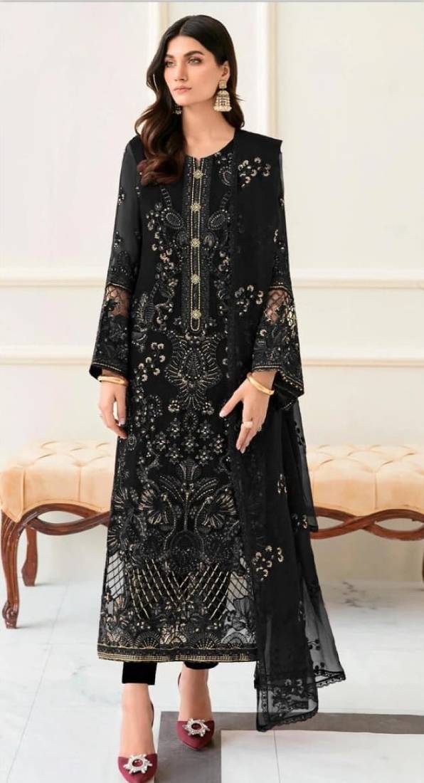 Black fox georgette semi stitched suit with embroidery & khatli work