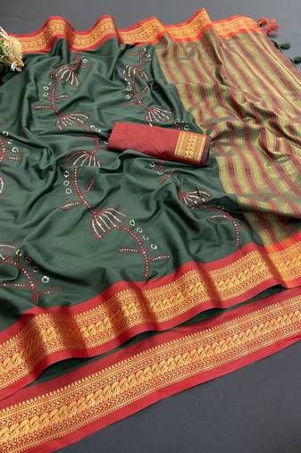 Dark green blended cotton embroidered zari work saree with blouse
