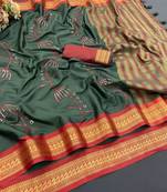 Dark green blended cotton embroidered zari work saree with blouse