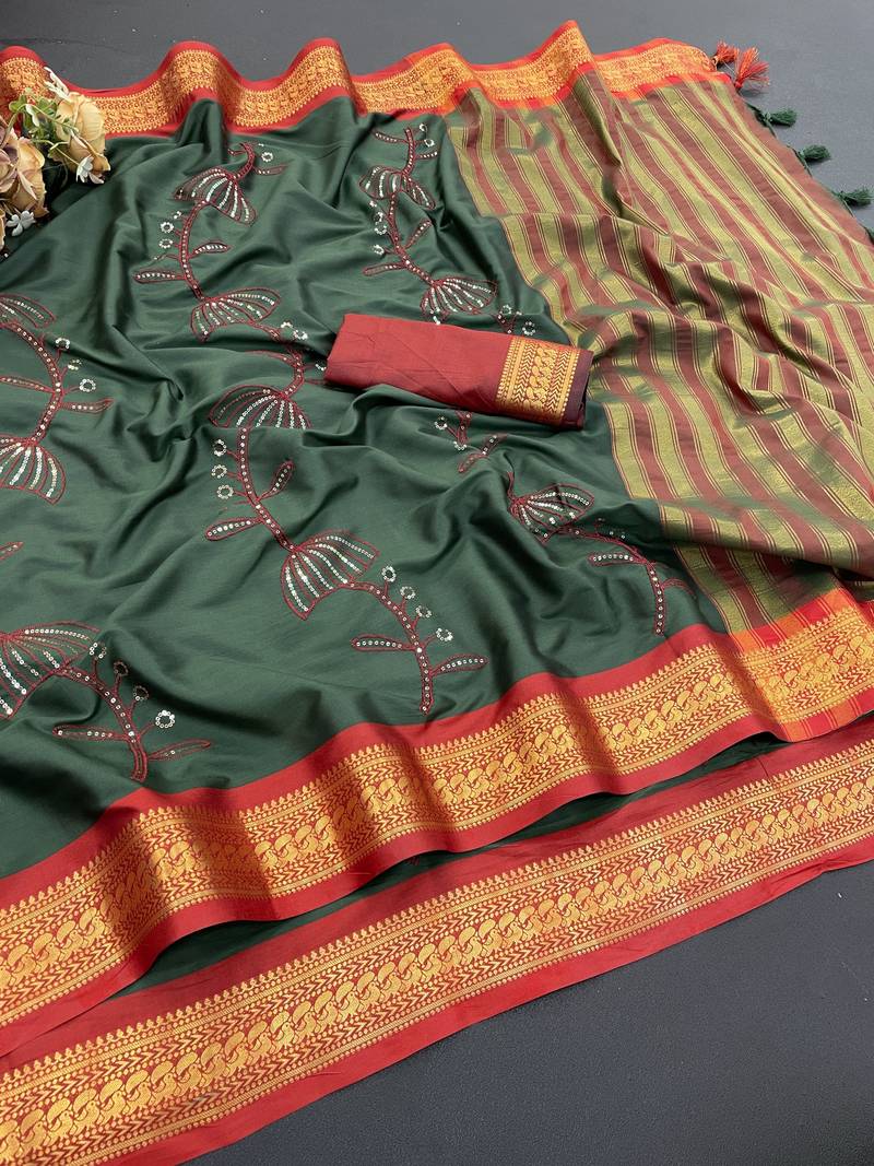 Dark green blended cotton embroidered zari work saree with blouse