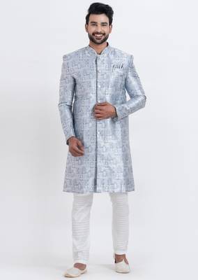 blue jacquard silk premium designer festive wear indo western set 4