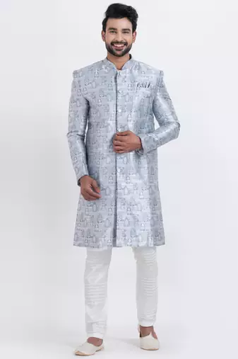 blue jacquard silk premium designer festive wear indo western set