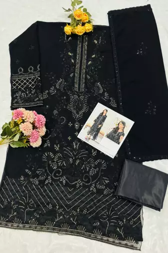 Black fox georgette suit with embroidered khatli 