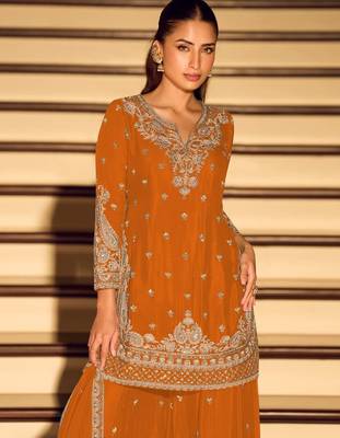 Orange chinon free size stitched suit with embroidery beats  2