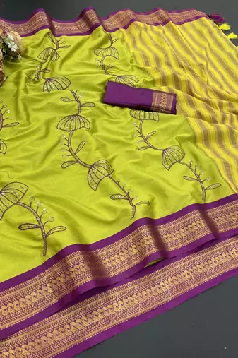 Light green blended cotton embroidered zari work saree with blouse