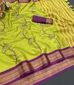 Light green blended cotton embroidered zari work saree with blouse