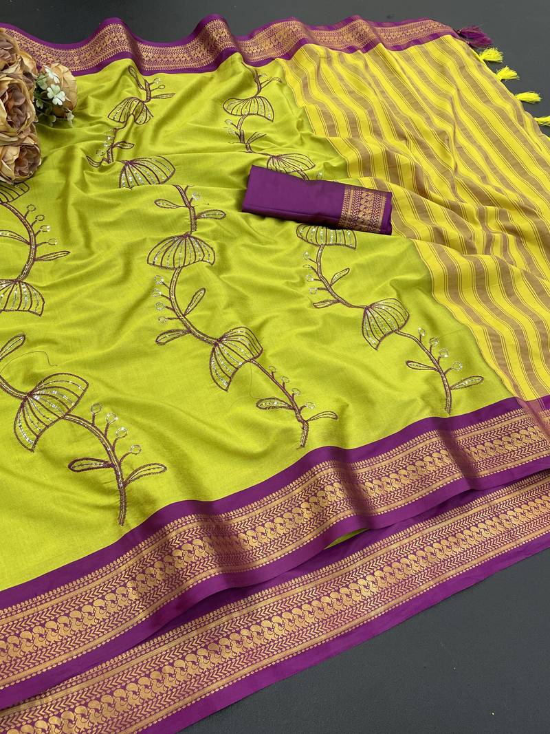 Light green blended cotton embroidered zari work saree with blouse