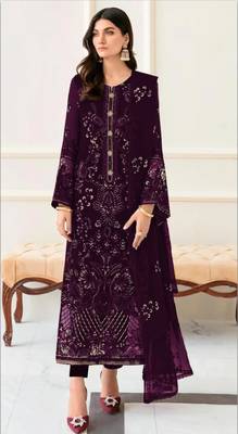 Purple fox georgette suit with embroidered khatli  1