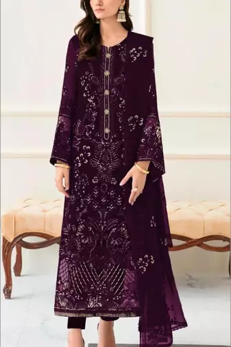 Purple fox georgette semi stitched suit with embroidery & khatli work