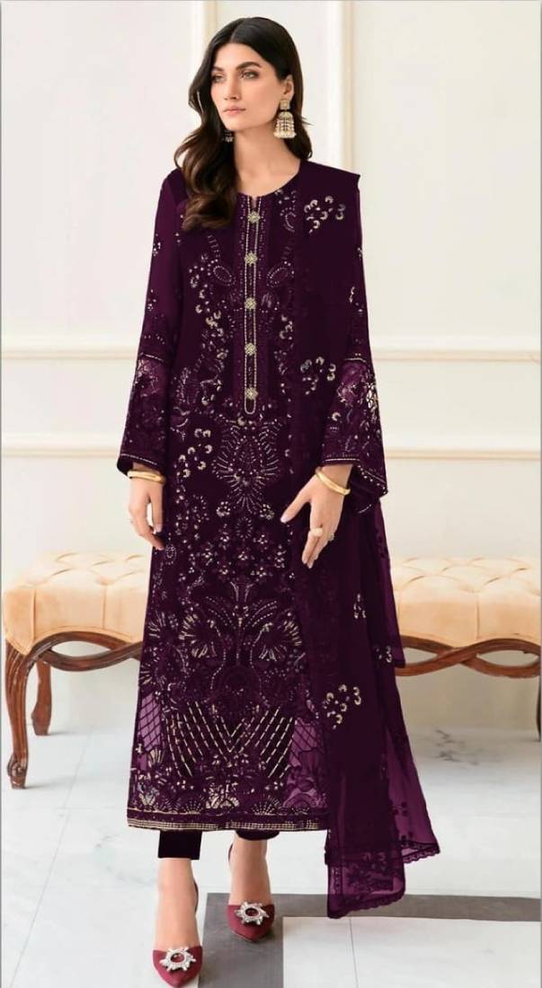 Purple fox georgette semi stitched suit with embroidery & khatli work