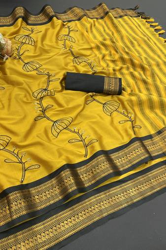 Mustard blended cotton embroidered zari work saree with blouse