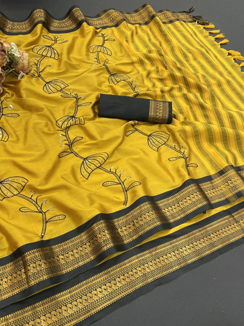Mustard blended cotton embroidered zari work saree with blouse