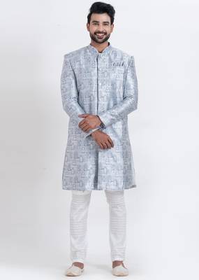 blue jacquard silk premium designer festive wear indo western set 5