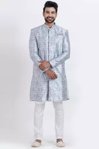 blue jacquard silk premium designer festive wear indo western set