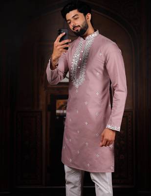Pink color stylish cotton fabric ethnic traditional rich kurta payjama for men 3
