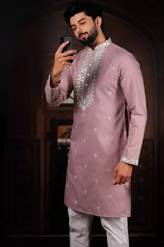 Pink color stylish cotton fabric ethnic traditional rich kurta payjama for men