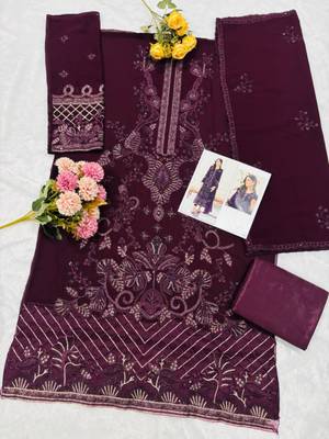 Purple fox georgette suit with embroidered khatli  2