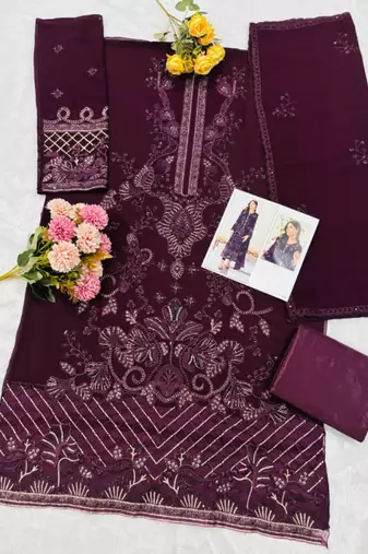 Purple fox georgette suit with embroidered khatli 