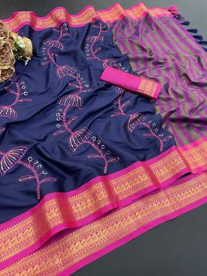 Dark blue blended cotton embroidered zari work saree with blouse 1