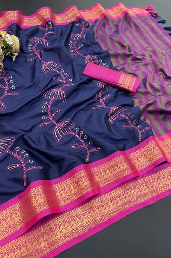Dark blue blended cotton embroidered zari work saree with blouse