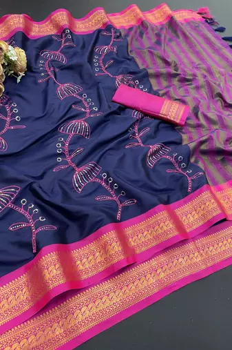 Dark blue blended cotton embroidered zari work saree with blouse