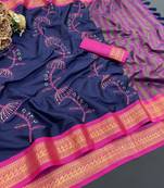 Dark blue blended cotton embroidered zari work saree with blouse