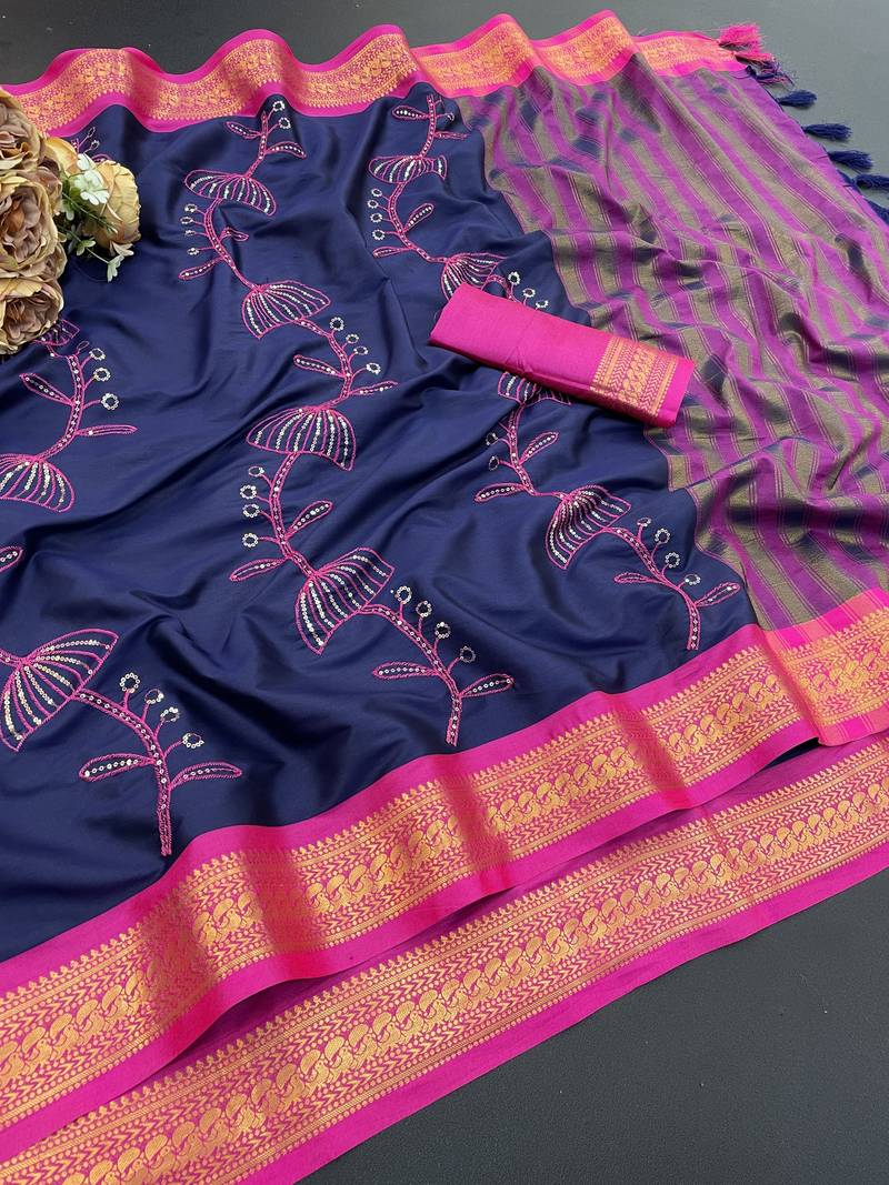 Dark blue blended cotton embroidered zari work saree with blouse
