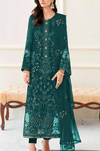 Teal green fox georgette semi stitched suit with embroidery & khatli work