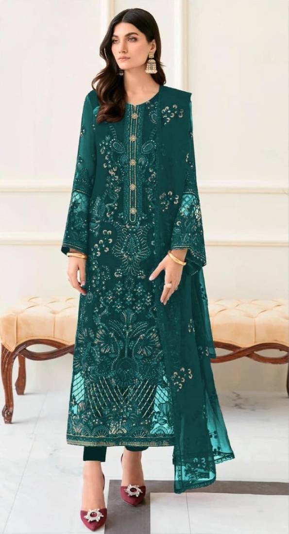 Teal green fox georgette semi stitched suit with embroidery & khatli work