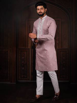 Pink color stylish cotton fabric ethnic traditional rich kurta payjama for men 4