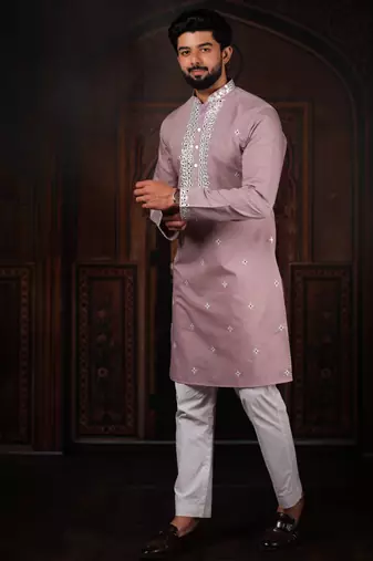Pink color stylish cotton fabric ethnic traditional rich kurta payjama for men