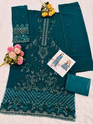Teal green fox georgette suit with embroidered khatli  2