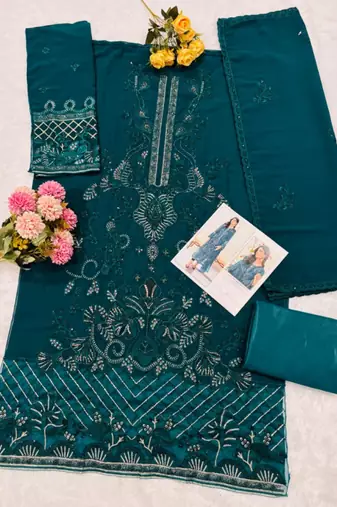 Teal green fox georgette suit with embroidered khatli 