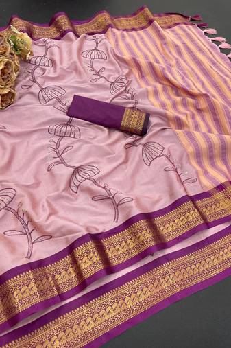 Pink blended cotton embroidered zari work saree with blouse