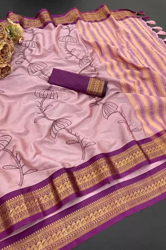 Pink blended cotton embroidered zari work saree with blouse