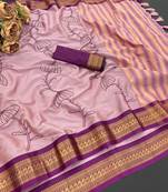 Pink blended cotton embroidered zari work saree with blouse
