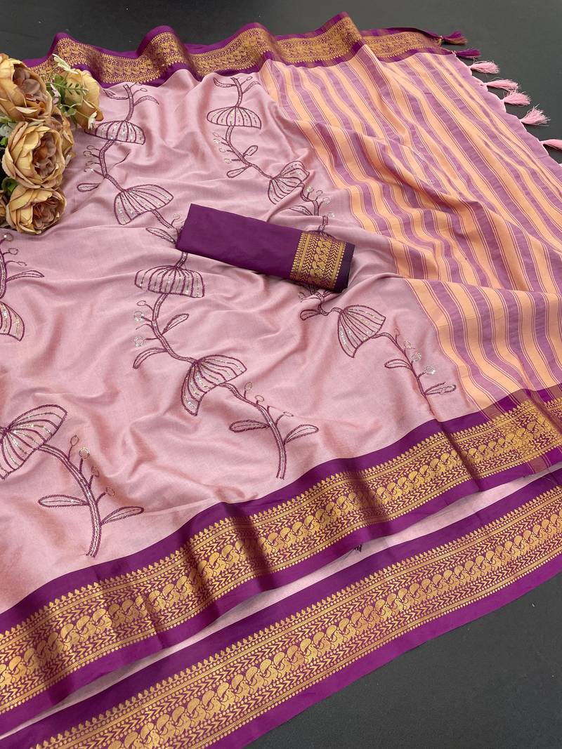 Pink blended cotton embroidered zari work saree with blouse