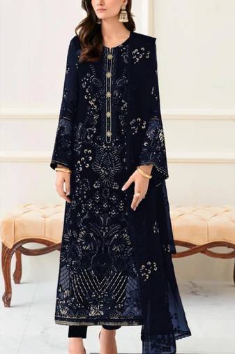 Navy fox georgette semi stitched suit with embroidery & khatli work