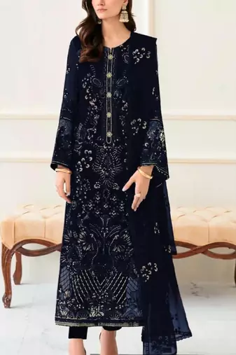 Navy fox georgette semi stitched suit with embroidery & khatli work
