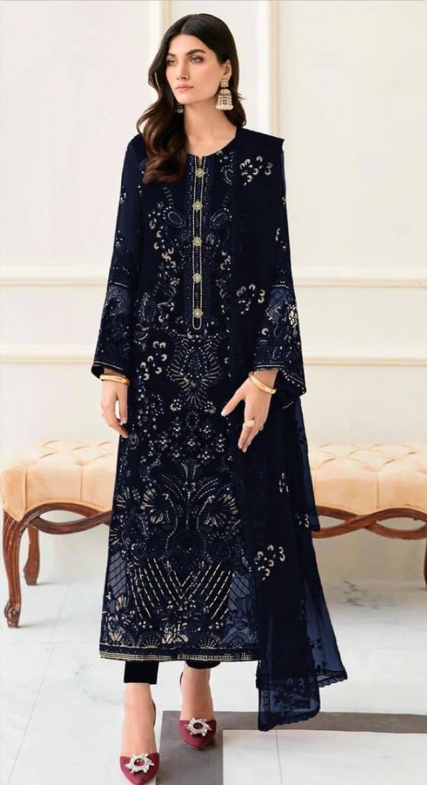 Navy fox georgette semi stitched suit with embroidery & khatli work